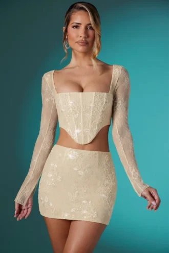 Romy versierde kanten bodycon-minirok in ivoor