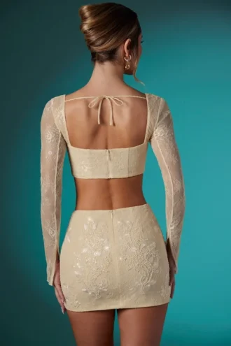 Romy versierde kanten bodycon-minirok in ivoor