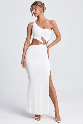 Rosalia maxi-jurk met hardware-details en één schouder in wit