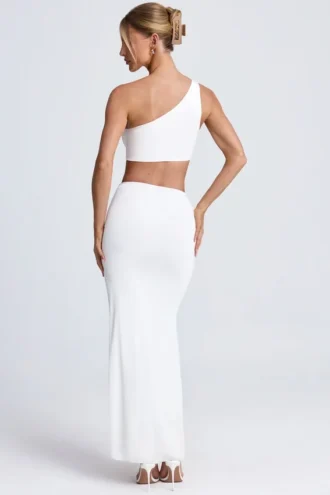 Rosalia maxi-jurk met hardware-details en één schouder in wit