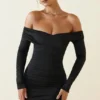 Rosanna off-shoulder gerimpelde bodycon minijurk in zwart