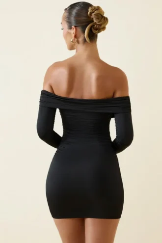 Rosanna off-shoulder gerimpelde bodycon minijurk in zwart