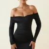 Rosanna off-shoulder gerimpelde bodycon minijurk in zwart