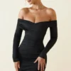 Rosanna off-shoulder gerimpelde bodycon minijurk in zwart