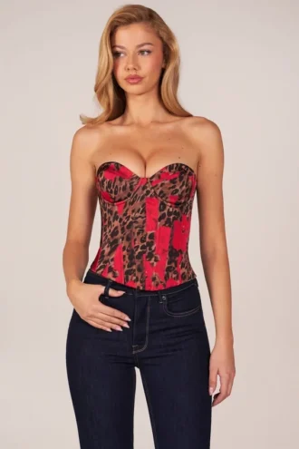 Rose bandeau-corsettop met vetersluiting in roze luipaardprint