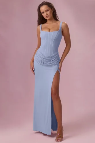 Rosina Mesh Draped bruidsmeisjesjurk in poederblauw