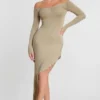 Roxana maxi-jurk met lange mouwen en schouderloze pasvorm van een modal-kasjmiermix in taupe
