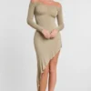 Roxana maxi-jurk met lange mouwen en schouderloze pasvorm van een modal-kasjmiermix in taupe