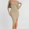 Roxana maxi-jurk met lange mouwen en schouderloze pasvorm van een modal-kasjmiermix in taupe