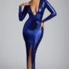 Safiya avondjurk met lange mouwen van metallic jersey in elektrisch blauw
