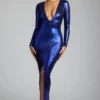 Safiya avondjurk met lange mouwen van metallic jersey in elektrisch blauw