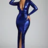 Safiya avondjurk met lange mouwen van metallic jersey in elektrisch blauw