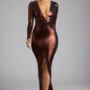 Safiya avondjurk met lange mouwen van metallic jersey in koperbrons