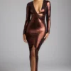 Safiya avondjurk met lange mouwen van metallic jersey in koperbrons