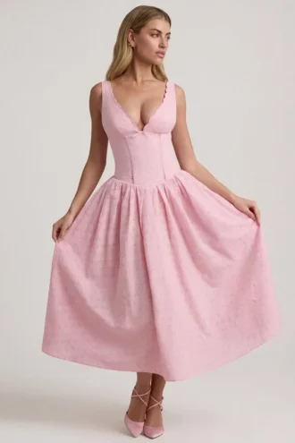 Saidey A-lijn midi-jurk met strikdetail in broderie anglaise, zachtroze