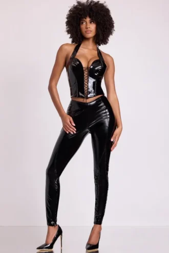 Samara vinyl legging met hoge V-taille in zwart