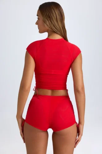 Santana doorschijnend gerimpeld cropped T-shirt in Fiery Red