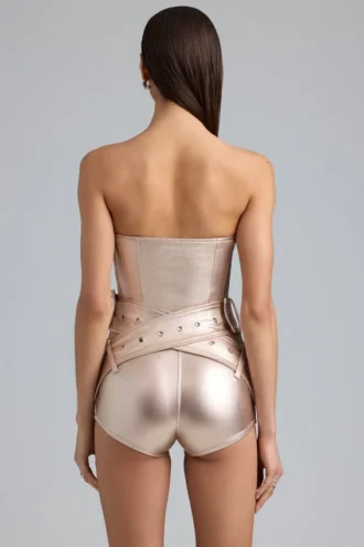 Sasha metallic denim playsuit met riem en korset in champagne