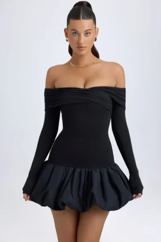 Serra Modal off-shoulder mini-jurk met bubbelzoom in zwart