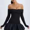Serra Modal off-shoulder mini-jurk met bubbelzoom in zwart