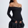 Serra Modal off-shoulder mini-jurk met bubbelzoom in zwart