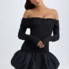 Serra Modal off-shoulder mini-jurk met bubbelzoom in zwart