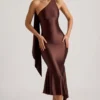 Shaya asymmetrische midi-jurk met sjaaldetail in chocoladebruin