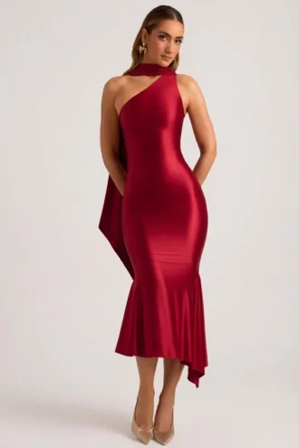 Shaya asymmetrische midi-jurk met sjaaldetail in True Red