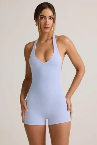 Shelly Modal geribbelde rugloze Playsuit in lichtblauw