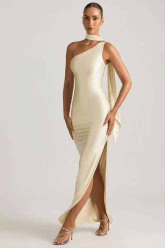Sheril asymmetrische maxi-jurk met sjaaldetail in ivoor
