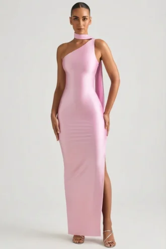 Sheril asymmetrische maxi-jurk met sjaaldetail in zachtroze