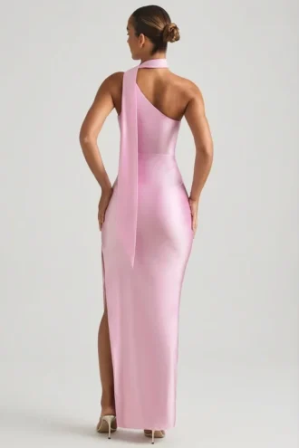 Sheril asymmetrische maxi-jurk met sjaaldetail in zachtroze