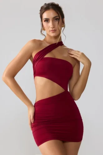 Shyla Slinky Jersey Ruched Cut Out Minijurk in Ruby