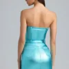 Simone metallic denim minijurk met ceintuur en bandjes in aqua