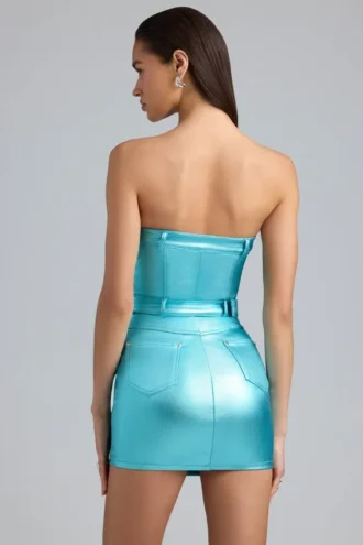 Simone metallic denim minijurk met ceintuur en bandjes in aqua