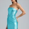 Simone metallic denim minijurk met ceintuur en bandjes in aqua
