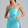 Simone metallic denim minijurk met ceintuur en bandjes in aqua