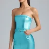 Simone metallic denim minijurk met ceintuur en bandjes in aqua
