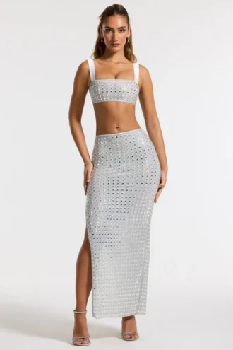 Siona versierde maxi-rok met middelhoge taille in zilver