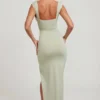 Sloane maxi-jurk met hoge split en diepe halslijn in salie