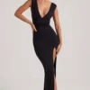 Sloane maxi-jurk met hoge split en diepe halslijn in zwart