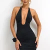 Sofija Slinky Jersey minijurk met diepe halslijn en ruches in zwart