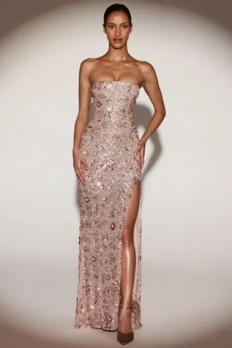 Solenna versierde bandeau-hals strapless jurk in roségoud