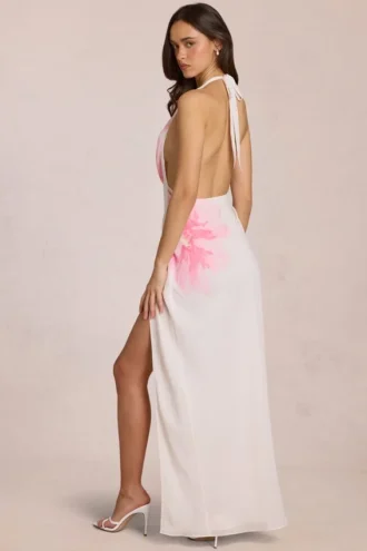 Solenne chiffon maxi-jurk met witte bloemenprint