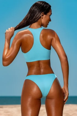 Sporty Badmode-bikini-top met ritssluiting in turquoise