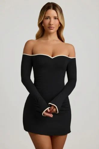 Stasia Modal off-shoulder A-lijn minijurk in zwart
