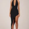 Storie halternek midi-jurk met split in zwart
