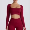 Super Sculpt naadloze crop top met lange mouwen in bordeauxrood