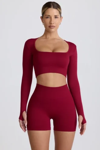 Super Sculpt naadloze crop top met lange mouwen in bordeauxrood