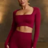 Super Sculpt naadloze crop top met lange mouwen in bordeauxrood
